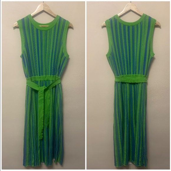 Misook Sleeveless Soft Ribbed Knit Belted Maxi Dress Green Blue Striped Size XL - Picture 2 of 11